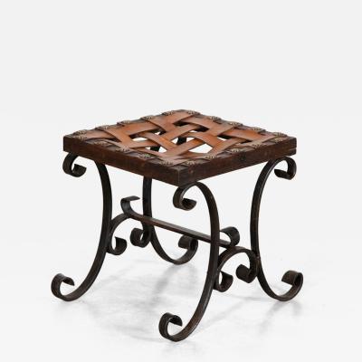 Spanish Mid 20thC Brutalist Wrought Iron Leather Stool