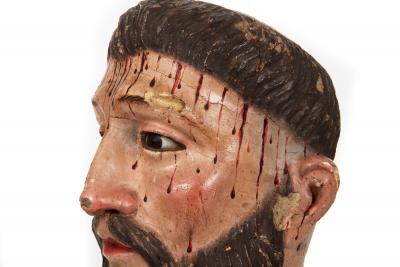 Spanish Polychromed Carved Head of Christ as Ecce Homo early 18th century