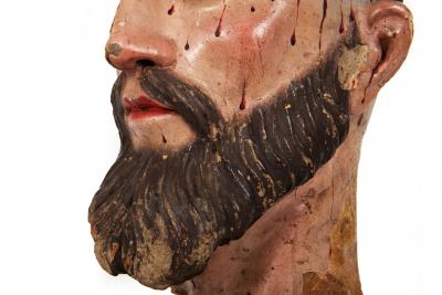 Spanish Polychromed Carved Head of Christ as Ecce Homo early 18th century