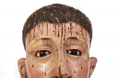 Spanish Polychromed Carved Head of Christ as Ecce Homo early 18th century