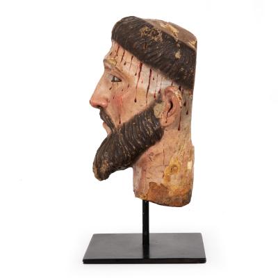 Spanish Polychromed Carved Head of Christ as Ecce Homo early 18th century