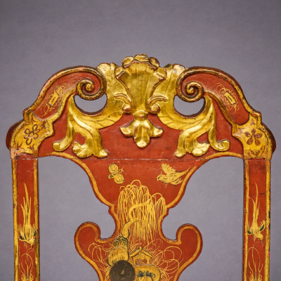 Spanish Rococo Red Lacquer and Parcel Gilt Chinoiserie Decorated Side Chairs