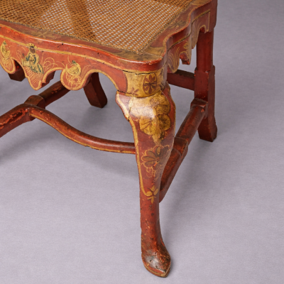 Spanish Rococo Red Lacquer and Parcel Gilt Chinoiserie Decorated Side Chairs