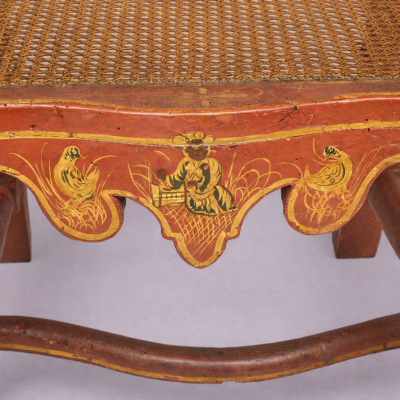 Spanish Rococo Red Lacquer and Parcel Gilt Chinoiserie Decorated Side Chairs