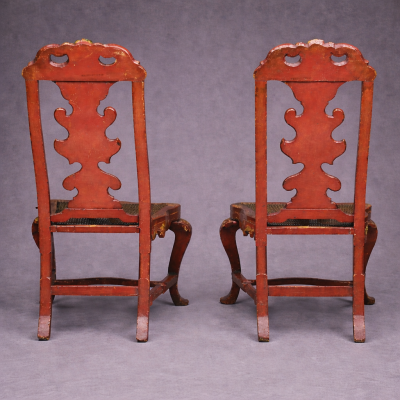 Spanish Rococo Red Lacquer and Parcel Gilt Chinoiserie Decorated Side Chairs