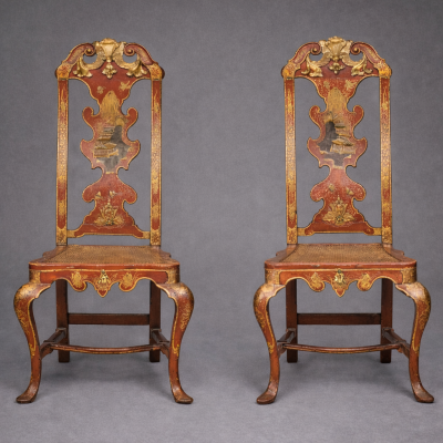 Spanish Rococo Red Lacquer and Parcel Gilt Chinoiserie Decorated Side Chairs