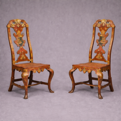 Spanish Rococo Red Lacquer and Parcel Gilt Chinoiserie Decorated Side Chairs