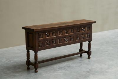 Spanish Style Sideboard in Hand Carved Solid Walnut and Wrought Iron