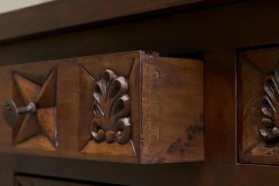 Spanish Style Sideboard in Hand Carved Solid Walnut and Wrought Iron