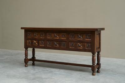 Spanish Style Sideboard in Hand Carved Solid Walnut and Wrought Iron