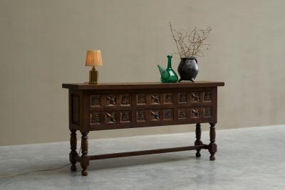 Spanish Style Sideboard in Hand Carved Solid Walnut and Wrought Iron
