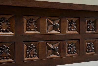 Spanish Style Sideboard in Hand Carved Solid Walnut and Wrought Iron