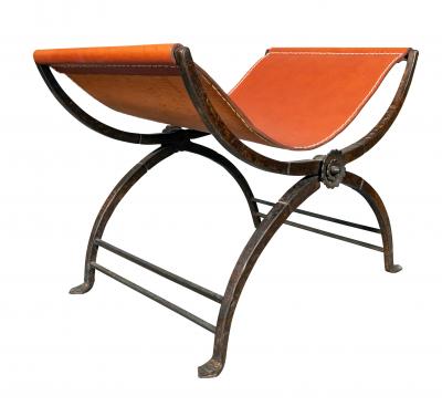 Spanish Style Wrought Iron And Leather Bench