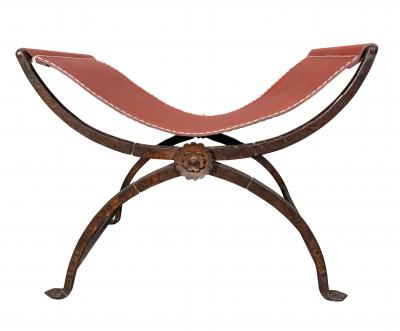 Spanish Style Wrought Iron And Leather Bench