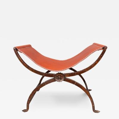 Spanish Style Wrought Iron And Leather Bench