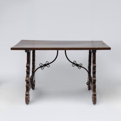 Spanish Walnut Trestle Table with Wrought Iron Stretcher 17th Century or Later