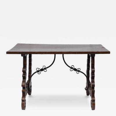 Spanish Walnut Trestle Table with Wrought Iron Stretcher 17th Century or Later
