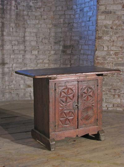 Spanish late 17th Century Chip Carved Cabinet and Table