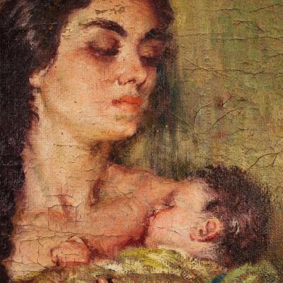 Spanish painting signed Maternity 20th century
