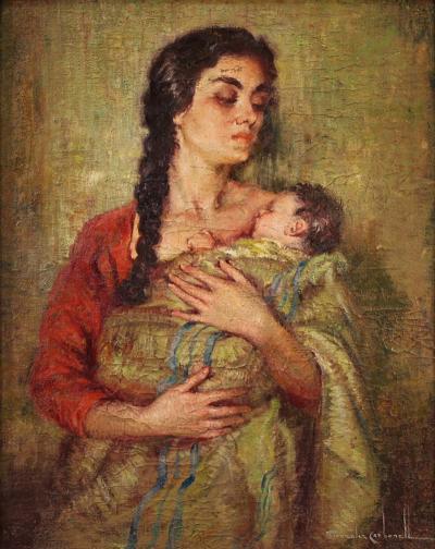 Spanish painting signed Maternity 20th century