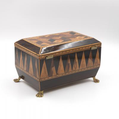 Specimen Wood Tea Caddy with Perspective Cube and Vandyke Parquetry