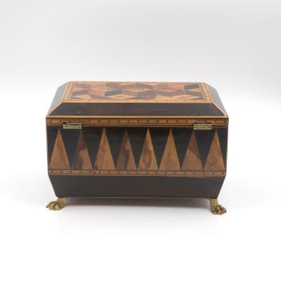 Specimen Wood Tea Caddy with Perspective Cube and Vandyke Parquetry