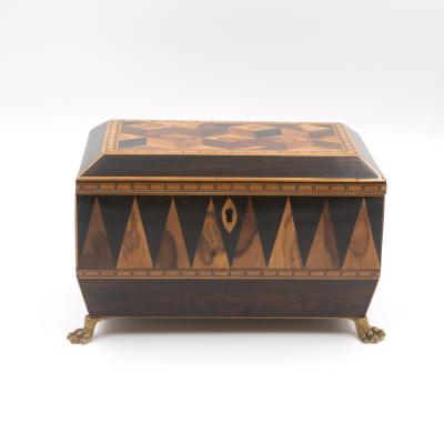 Specimen Wood Tea Caddy with Perspective Cube and Vandyke Parquetry
