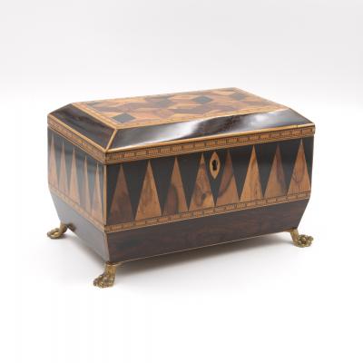 Specimen Wood Tea Caddy with Perspective Cube and Vandyke Parquetry