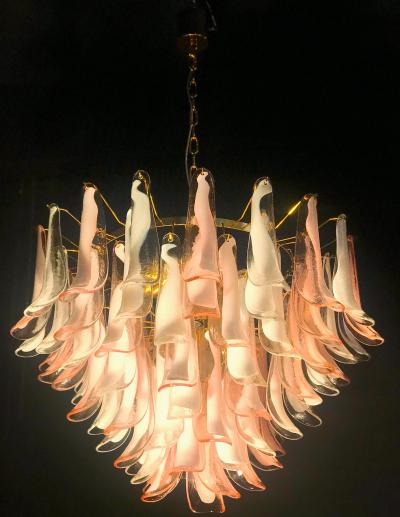 Spectacular Pink and White Murano Glass Petals Chandelier with Brass Frame