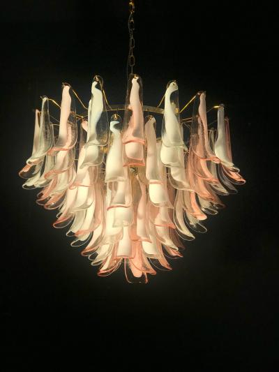 Spectacular Pink and White Murano Glass Petals Chandelier with Brass Frame