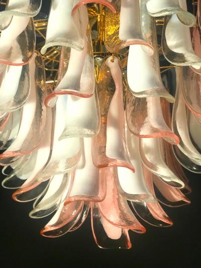 Spectacular Pink and White Murano Glass Petals Chandelier with Brass Frame