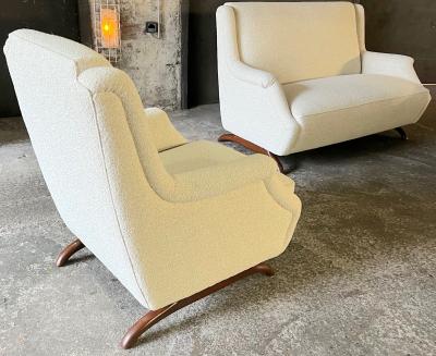Spectacular set of horn leg couch and chair covered in boucle cloth