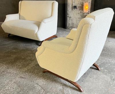 Spectacular set of horn leg couch and chair covered in boucle cloth