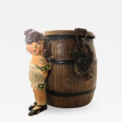 Spelter Still Bank Girl By A Barrel German Circa 1908