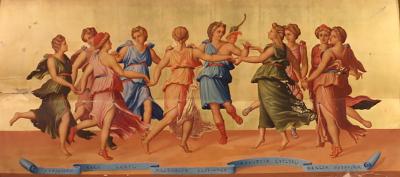 Splendid 19th century panel painting Apollo dancing with the Muses