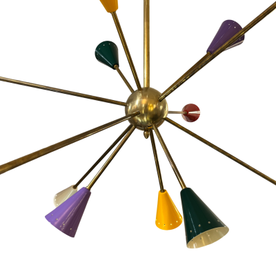 Sputnik Chandelier Coloured Brass Spotlights 1970s
