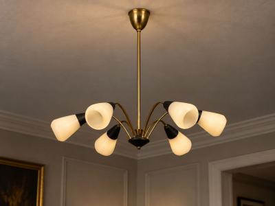 Sputnik Style Chandelier Brass Enameled Metal Glass Germany 1960s