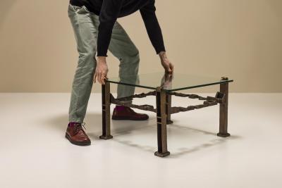 Square Coffee Table In Casted Brass And Glass Italy 1960s