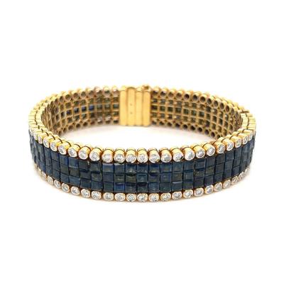 Square Cut Blue Sapphire and Diamond Cluster Tennis Bracelet