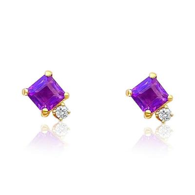 Square Purple Amethyst and Diamond Stud Earrings in 14k gold setting