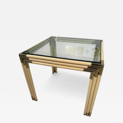 Square Side Table with Brass Lacquered Bamboo Style Frame Glass Top 1970s