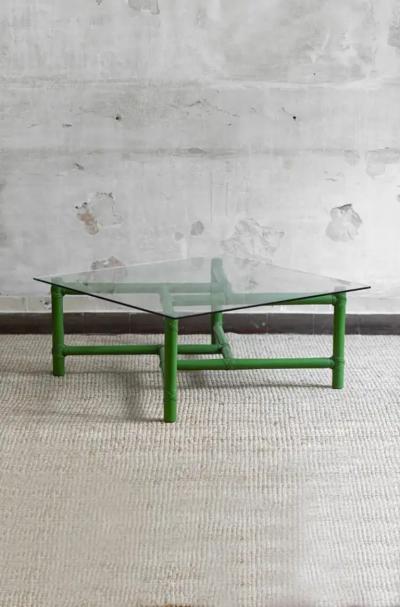 Square green bamboo coffee table Mcguire San Francisco 1970