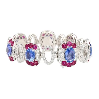 Sri Lanka No Heat Blue Sapphire Bracelet with Diamond Ruby in 18K White Gold