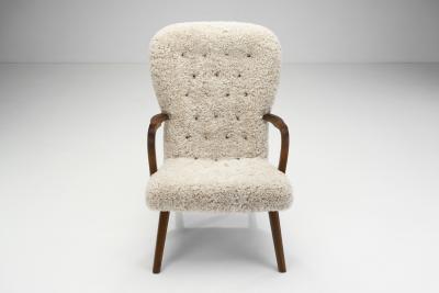 Stained Beech Easy Chair in Sheepskin by Danish Cabinetmaker Denmark 1940s