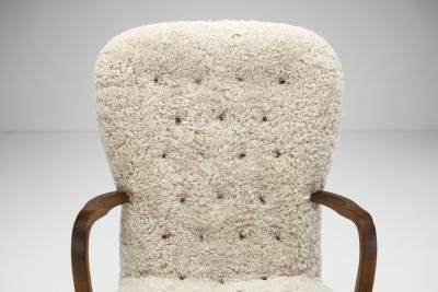 Stained Beech Easy Chair in Sheepskin by Danish Cabinetmaker Denmark 1940s