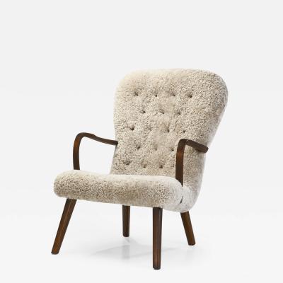Stained Beech Easy Chair in Sheepskin by Danish Cabinetmaker Denmark 1940s