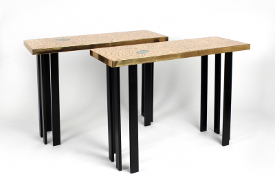 Stan Usel Console in mosaic brass and malachite by Stan Usel