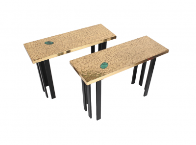 Stan Usel Console in mosaic brass and malachite by Stan Usel