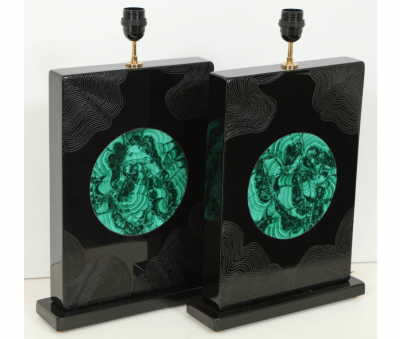 Stan Usel Pair of black resin and malachite table lamps by Stan Usel