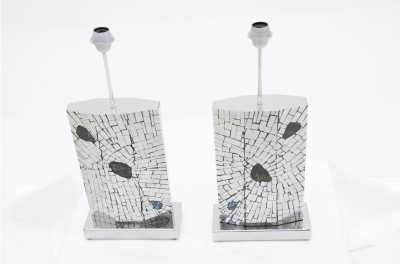 Stan Usel Pair of table lamps mosaic stainless steel inlaid Labradorite by Stan Usel 